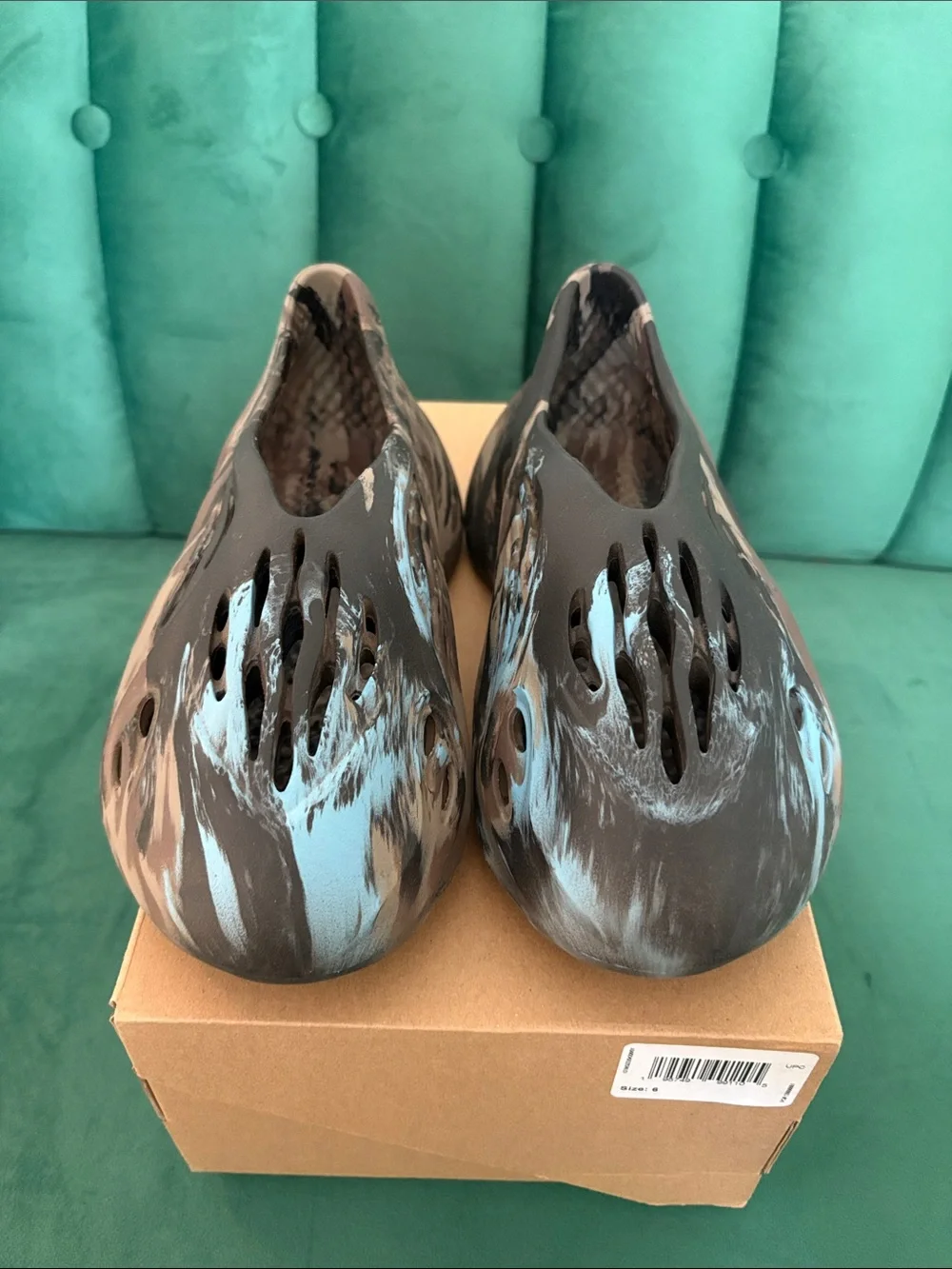 Yeezy Kids Foam Runner in Brown and Blue Camouflage Pattern